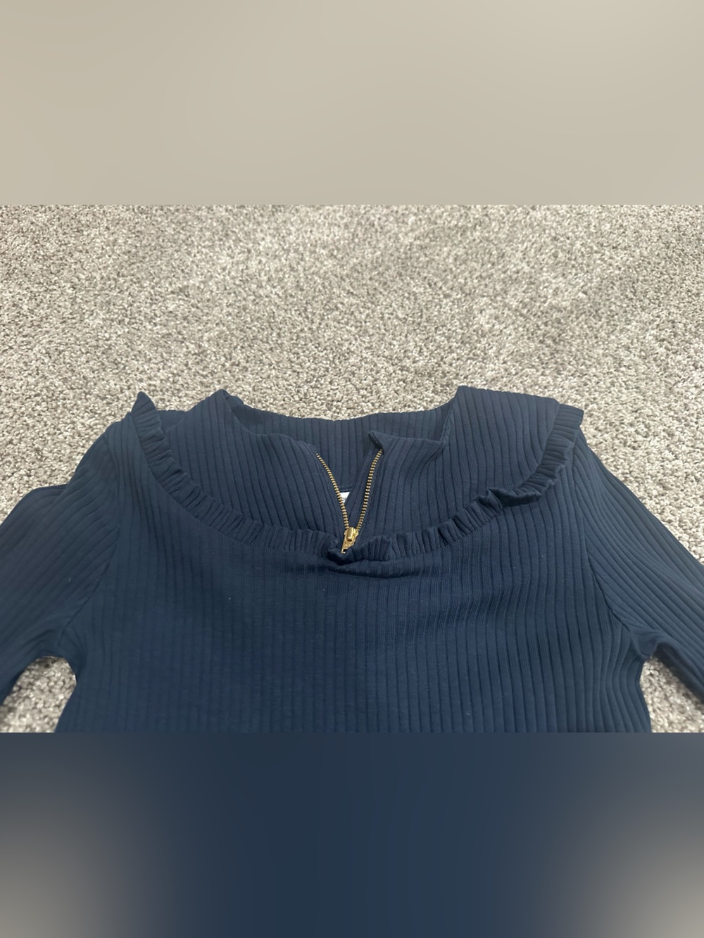 Polarn O. Pyret Navy Ribbed Ruffle Neck Top with Gold Zip